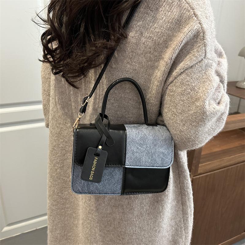 Bolsa de Mão Fashion com Textura Patchwork, Estilo para o Trabalho, Bolsa de Ombro Cruzada, Bolsa Quadrada Pequena