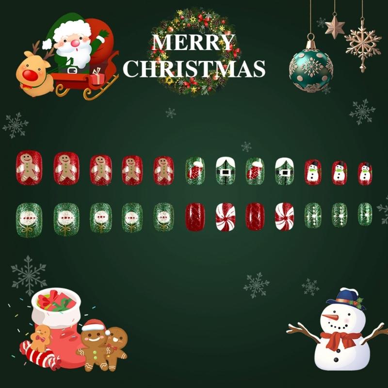 24 Pcs Christmas Press On Nail Short Round Full Cover False Nail Christmas Gift Stick on Nail Glittering Acrylic Nail
