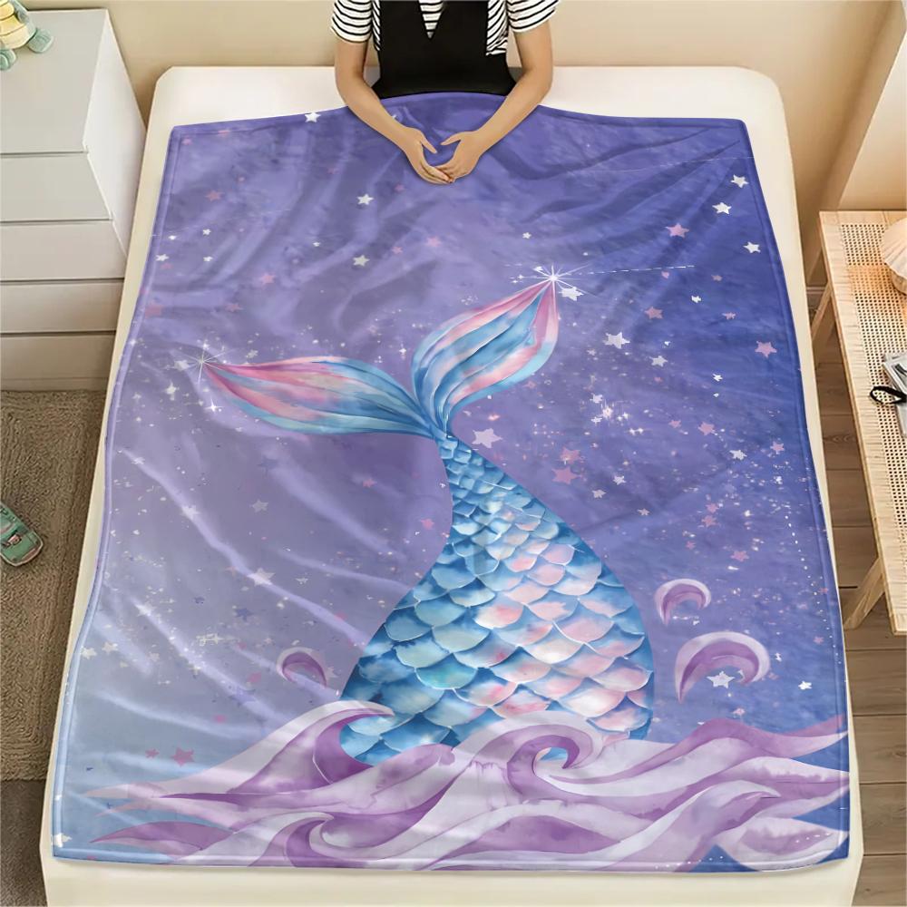 1Pc Mermaid Tail Print Flannel Blanket, High quality Comfortable for All Seasons, Home Decor, Warmth and Comfort, Perfect for Christmas Gifts
