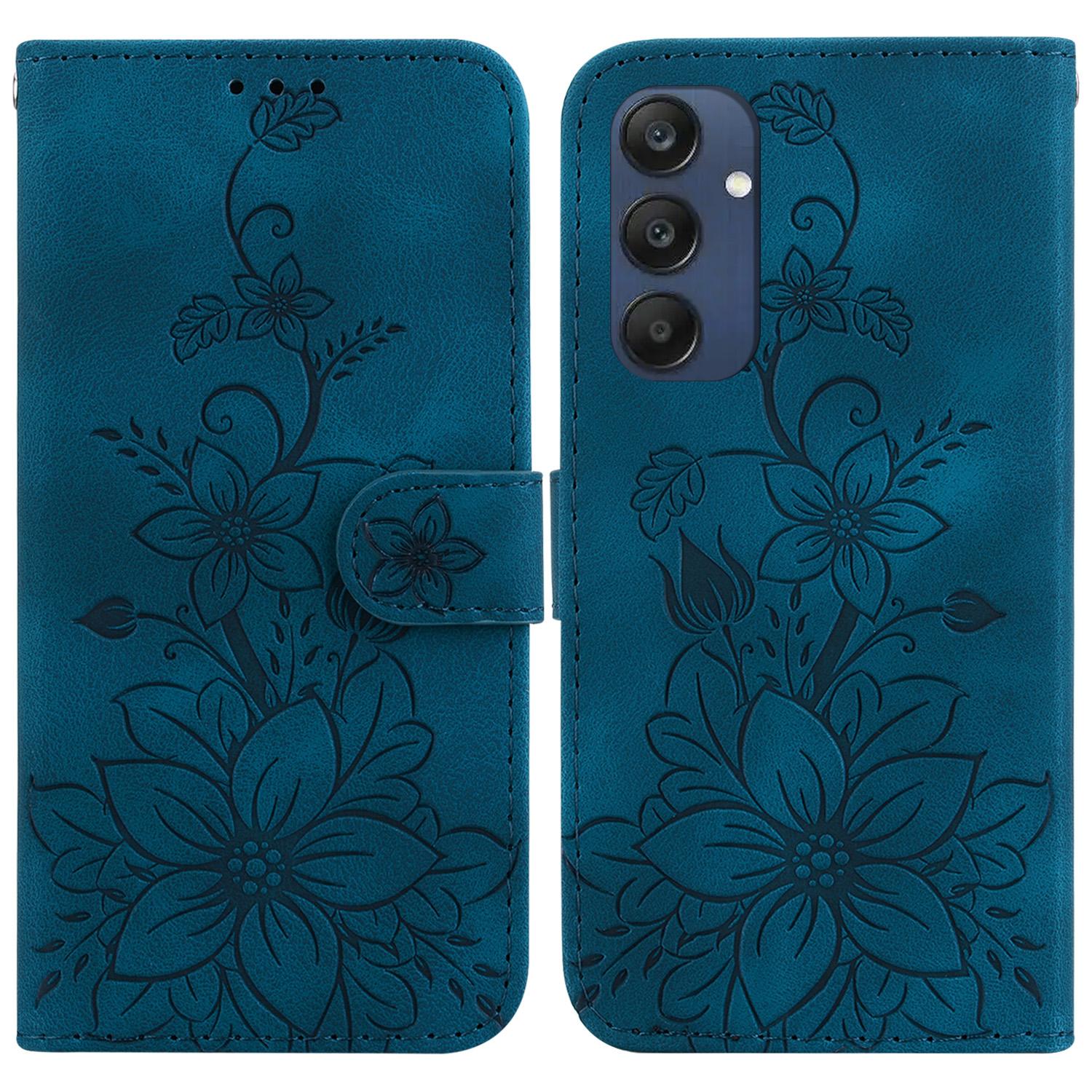 

For Samsung Galaxy M35 5G Stand Case Lily Flower Imprint Leather Phone Cover Dark Blue
