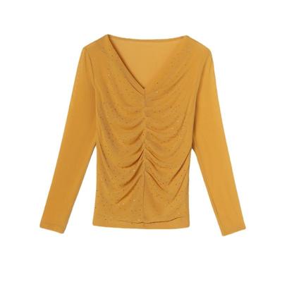 Updated Autumn V-neck Trendyable Temperament Versatile Bright Silk Mesh Yarn Long Sleeve Chic Base Top for Women