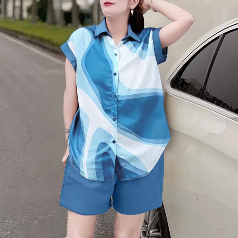 

ZANZEA Женский летний комплект из двух частей: блузка с коротким рукавом и шорты с принтом 5XL синий