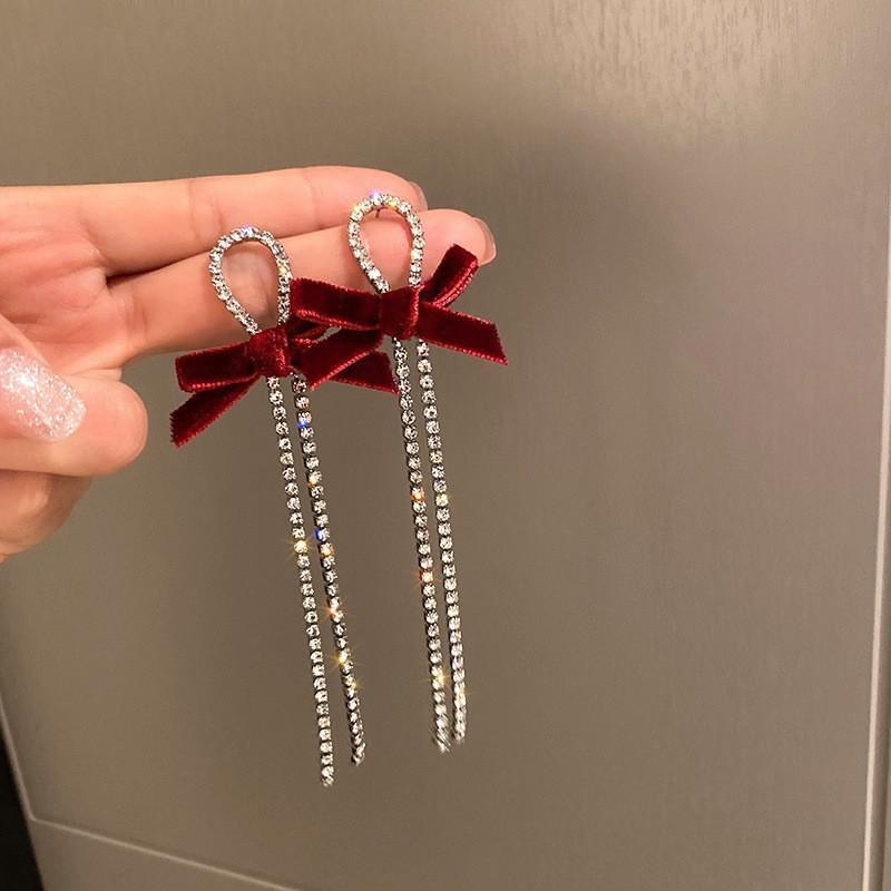 Silver needle retro red bow earrings long tassel trend stud earrings niche design Chinese New Year earrings women