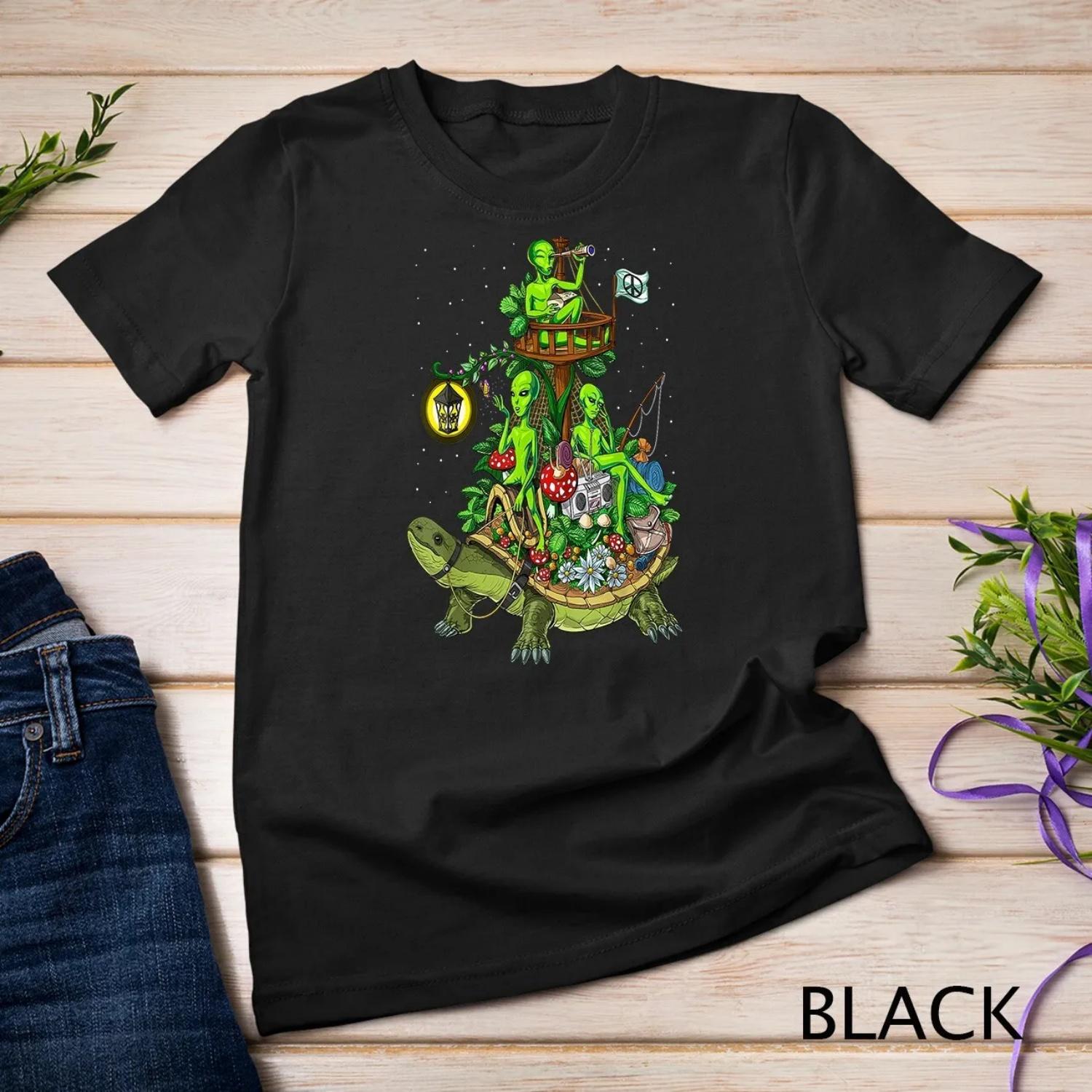 Space Aliens Hippie Riding Turtle Psychedelic UFO Cosmic T Shirt S