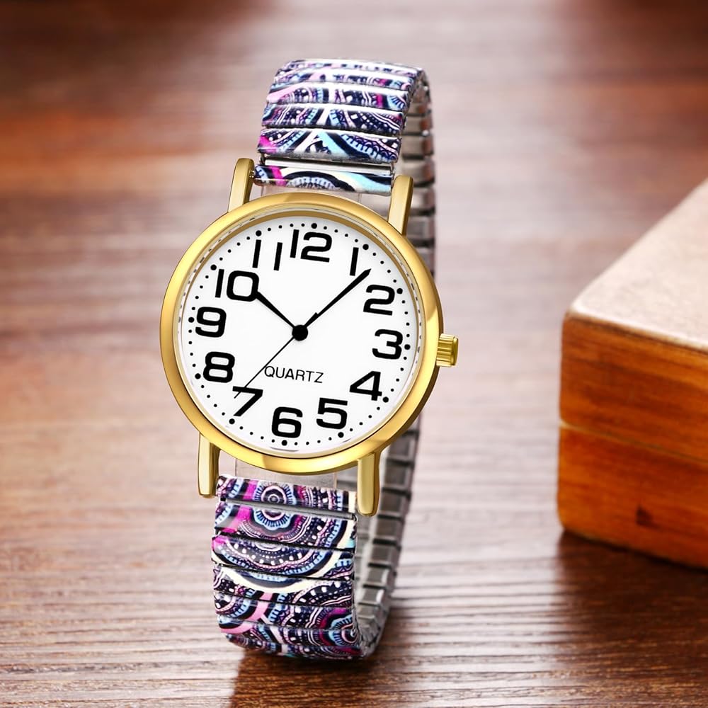 Bohemian Women's Quartz Watch with Elastic Band, Waterproof, Colorful Floral Print, Free Size, Analog Display