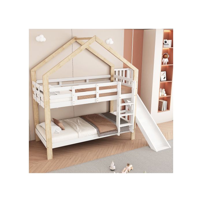 Bunk Bed - MUVOE - House with Slide - Angled Ladder - Solid Wood - 2 Places