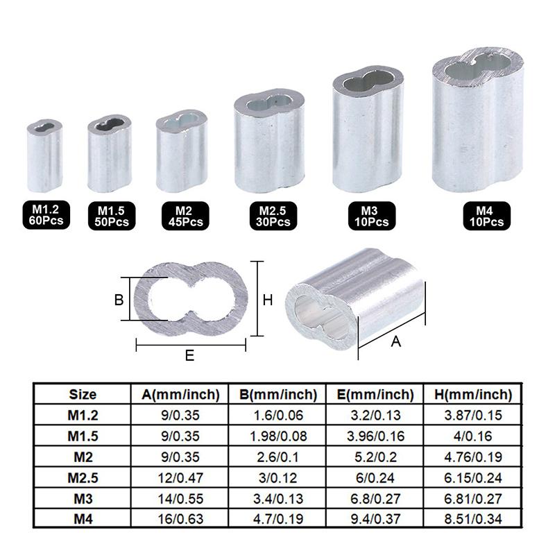 Zestaw 250 szt. 304 stalowych zacisków linowych i aluminiowych tulei zaciskowych do lin stalowych