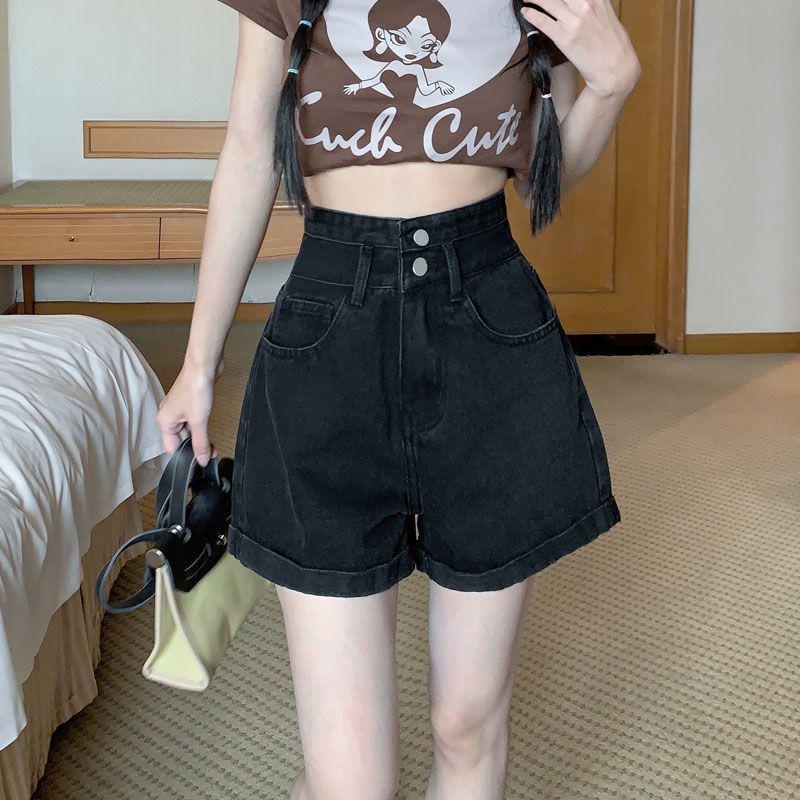 Women's 2026 Summer Korean-Style Black High-Waisted Denim A-Line Shorts