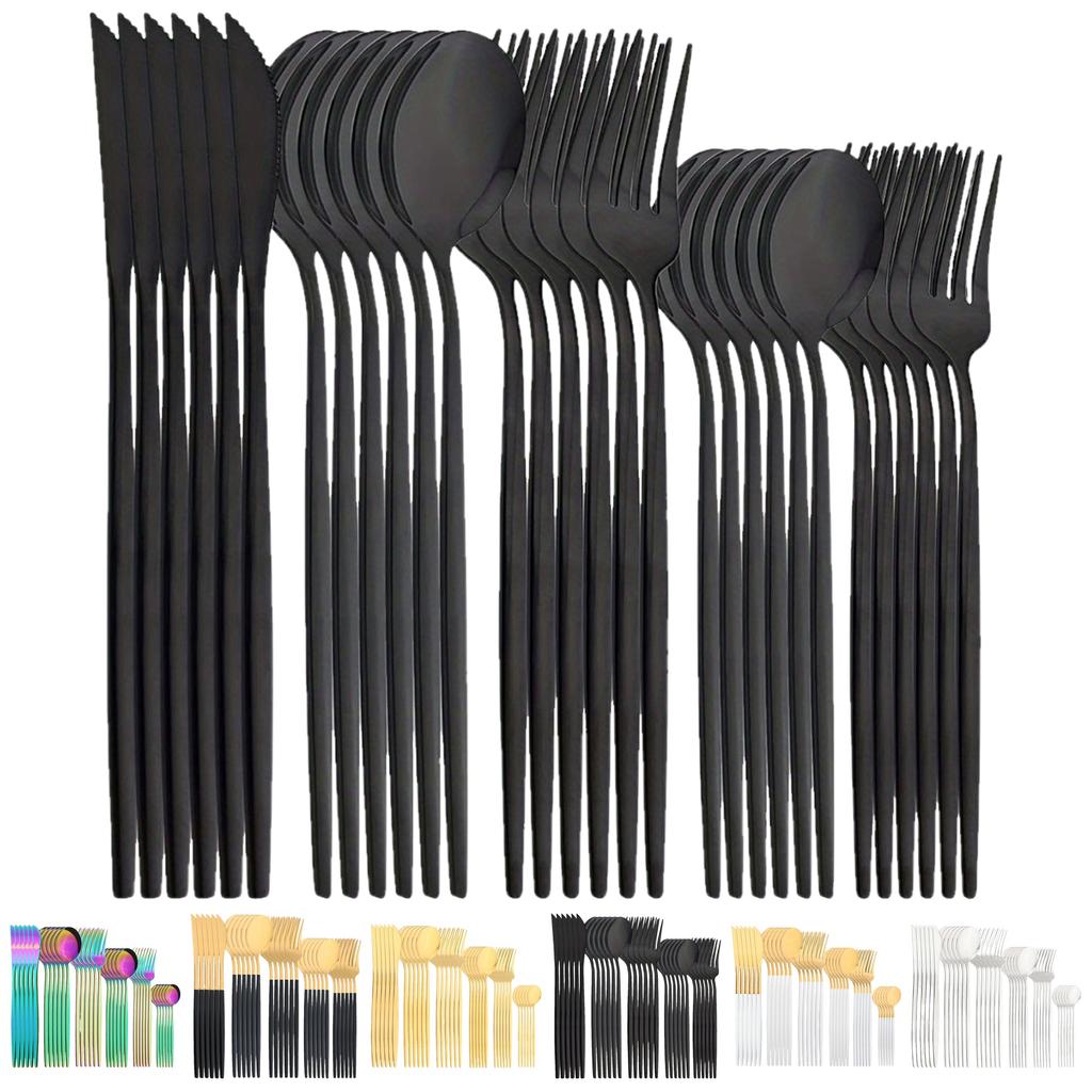 36pcs Black Silverware Set with Steak Knives Stainless Steel Tableware Utensils , Mirror Polished Dishwasher Safe