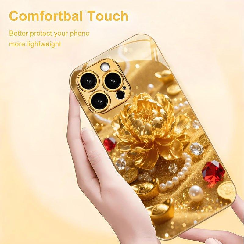 Luxurious Gold Floral Pattern Electroplated Glass Phone Case, Suitable for iPhone 17, 16, 15, 14, 13, 12, 11, Etc.