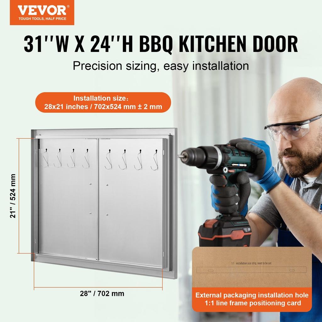 BBQ Access Door, 787x609 Mm Double Outdoor Kitchen Door, Stainless Steel Flush Mount Door, Double Wall Vertical Door with Handles and Hooks, for BBQ