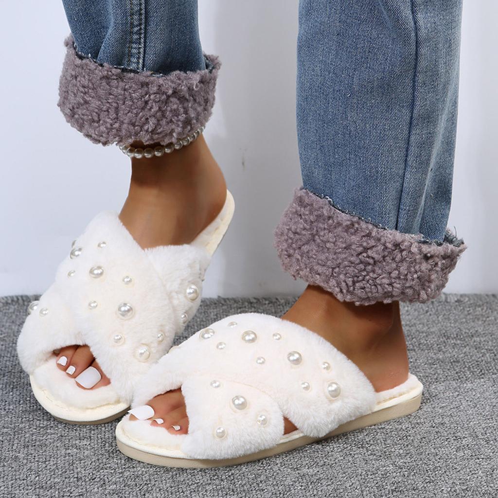 Ladies Furry Slippers Women Flat Bottom Home Indoor Slippers Warm Pearl Floor Furry Slippers Cotton Holiday Slippers for Women