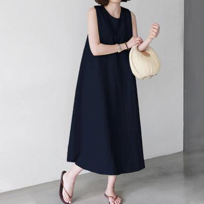Women Summer Dress O Neck Loose A-line Sleeveless Solid Color Mid-calf Length Soft Breathable Casual Pockets Plus Size Lady Midi Dress