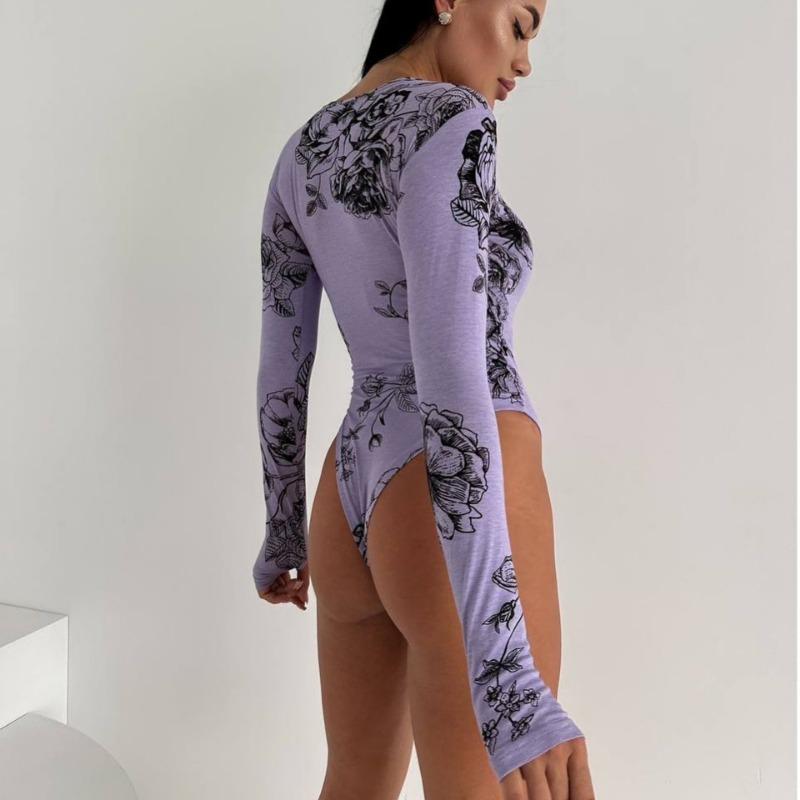 Women Sexy European Style Round Neck Long Sleeve Printed Slim Fit Bodysuit