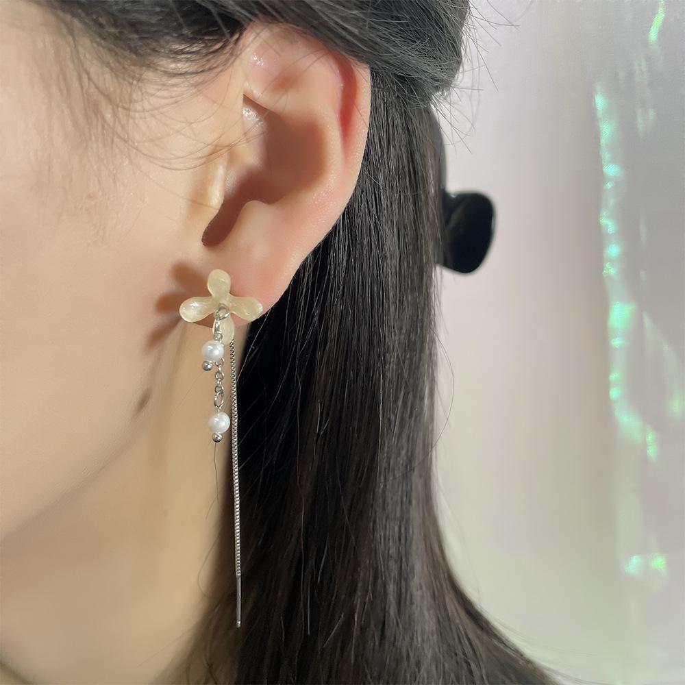 Flower Pearl Fringed Ear Line Removable Pink And White Small Flower Ear Chain Female Korean Version Internet Celebrity Dopamine Series Earrings