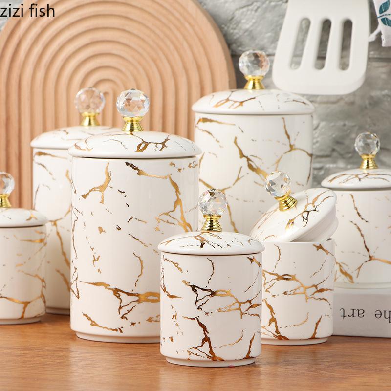 Marbled Ceramic Storage Jar with Lid Storage Tanks Metal Rack Base Food Organizers Storages Bottles Kitchen Storage Container