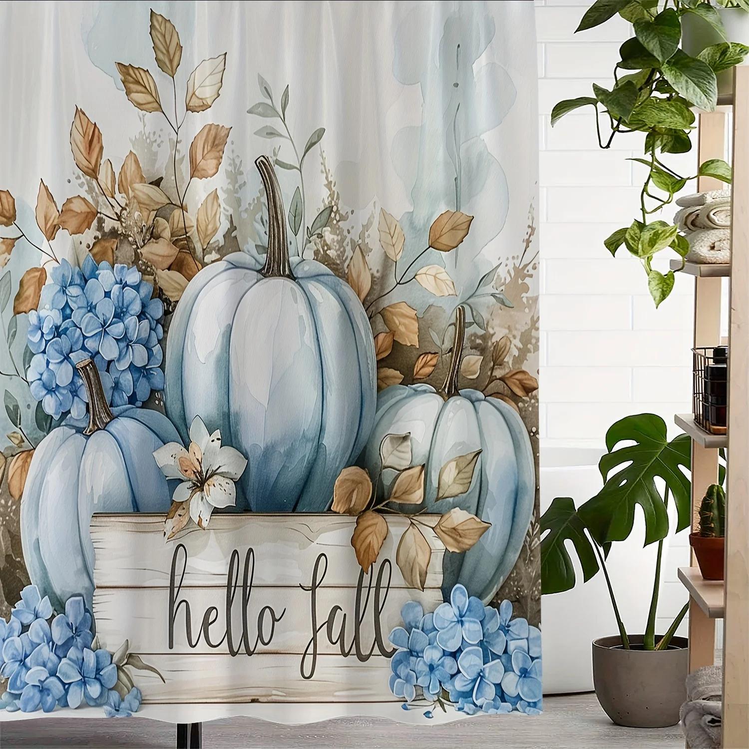 ~O~One Piece Vintage Autumn Hello Fall Pumpkin Floral Print Shower Curtain, Window Curtain with 12 Hooks Curtain for Windows W90XH180cm