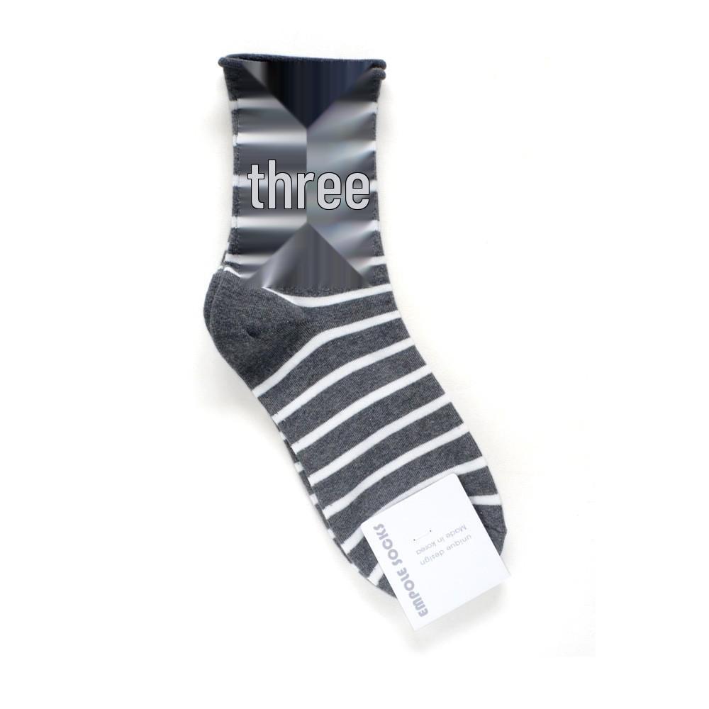 Korean Women's Mid-Calf Cotton Socks: Autumn/Winter Striped & Rolled Edge Sporty Design