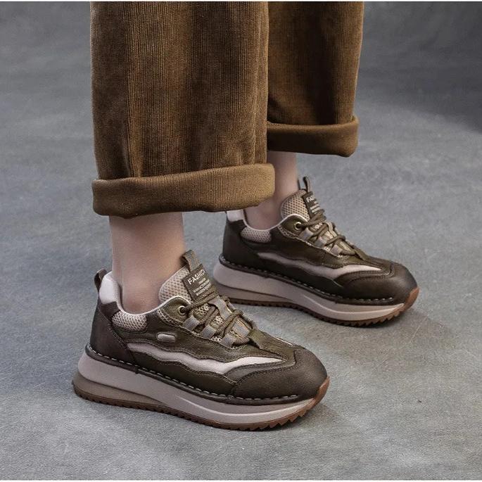 Johnature Thick Soled Mixed Colors Retro Genuine Leather Splicing Breathable Mesh Casual Sports Women's Shoes