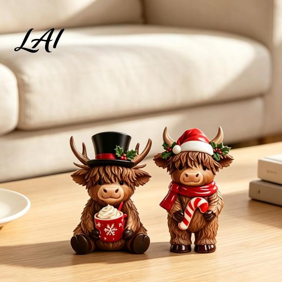 Niedliche Tier-Schreibtischdekorationen 2 Stück Weihnachten Hochlandrind-Figuren Harz Weihnachtsmann-Rentierkuh mit Hut Festlicher Kälber-Figur für Tisch Heiße Schokolade,