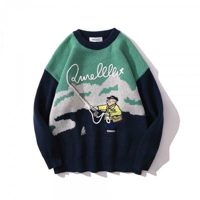 Pull Tricot Broderie Dessin Animé Rétro Unisexe Coupe Ample Col Rond Pull Vêtement Décontracté