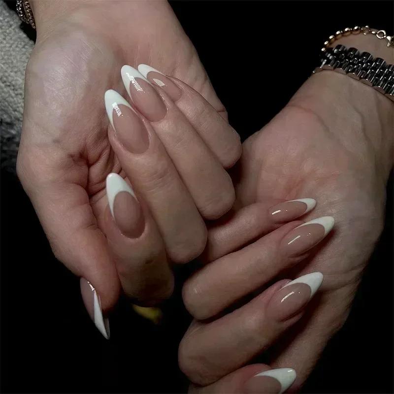 24Pcs French Almond False Nails Pink Stiletto Press On Nails With White Edge Design And Glue Simple Wearable Nail Tips