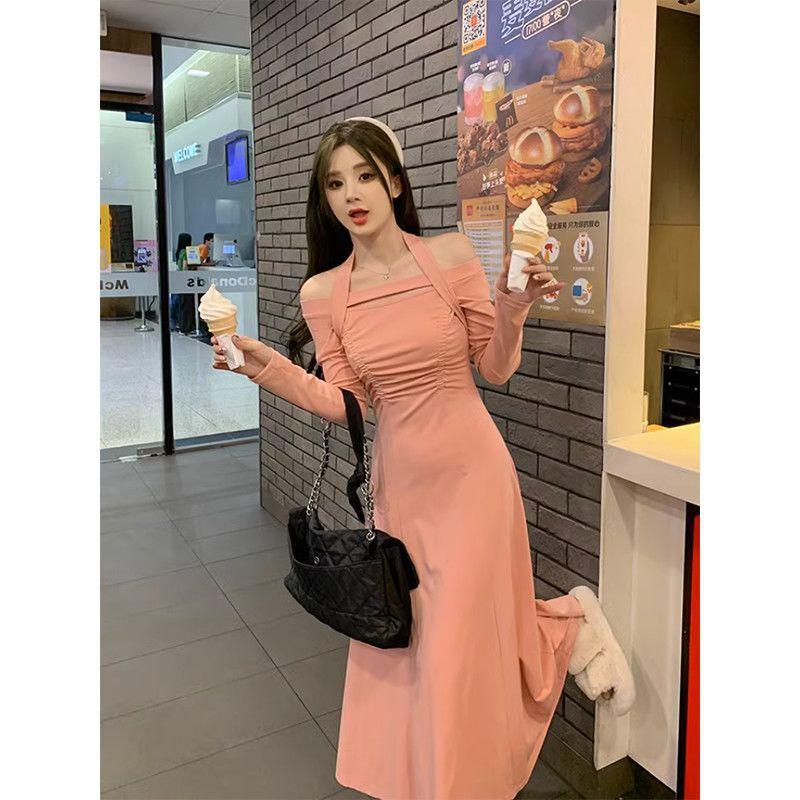 Sexy Spice Girl Neck Shoulder Long Sleeve Dress Women's Spring New Slim Fit Stack Wear Inside Hip Wrap Long Skirt