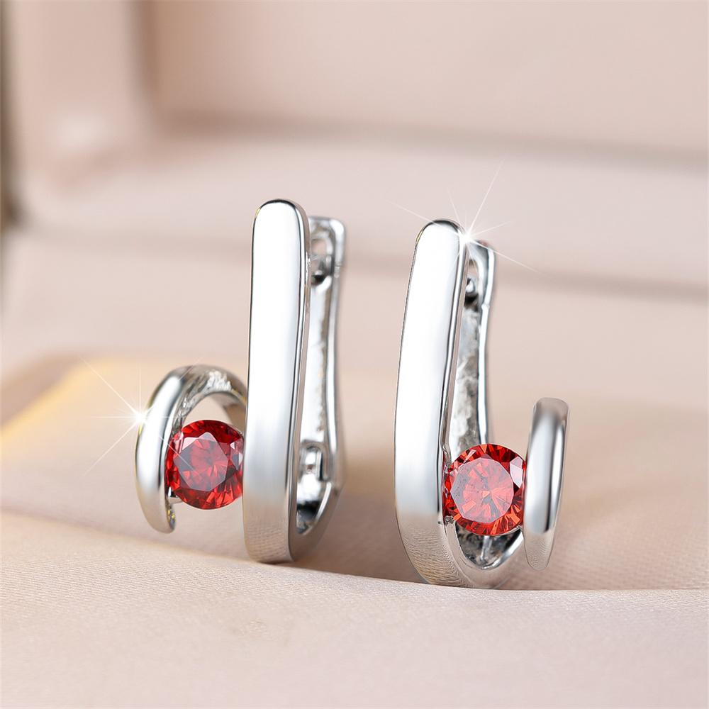 Round Stone Red Crystal Zircon Geometric Hoop Earrings For Women Vintage Silver Color Ear Buckle Wedding Jewelry Engagement Gift