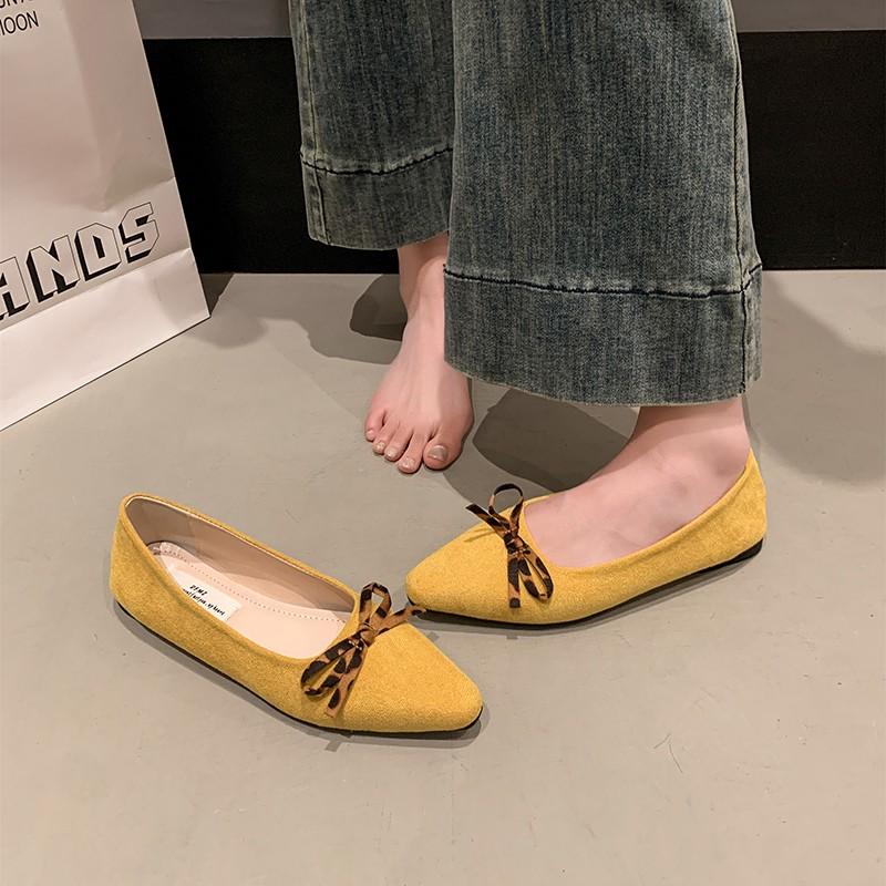 Fashion Women Flat Shoes 2025 Spring New Leopard Pointed Toe Shallow Mouth Suede Butterfly Knot Soft Sole Anti-slip Wear-resistant