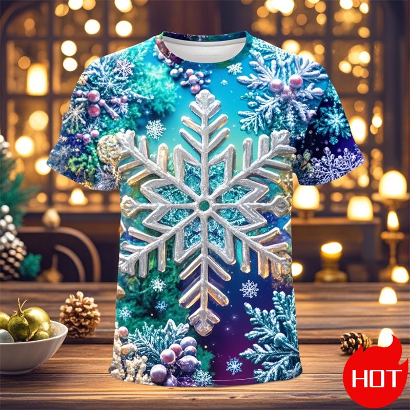 Funny 3D Snowflake Print Men's T Shirt Christmas Casual Loose Short Sleeve Tops Fashion New Year Gift