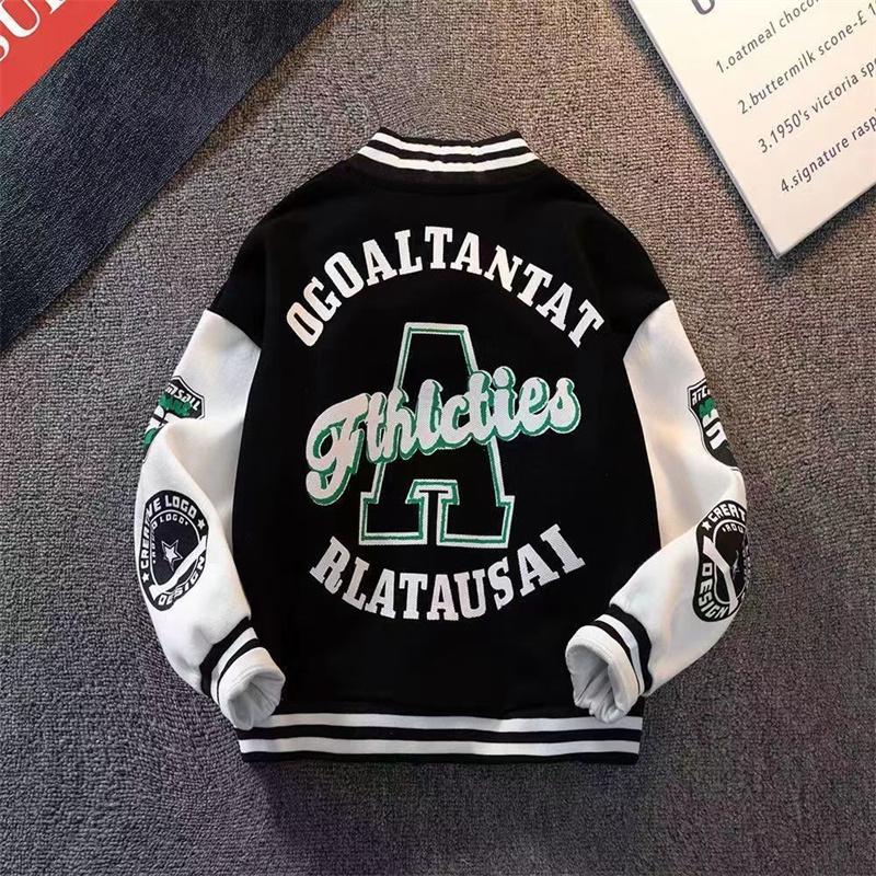Fashion Boys Bomber Jacket Children Spring Autumn Letter Print Outerwear Kids Streetwear Varsity Baseball Uniform Coats Green Black