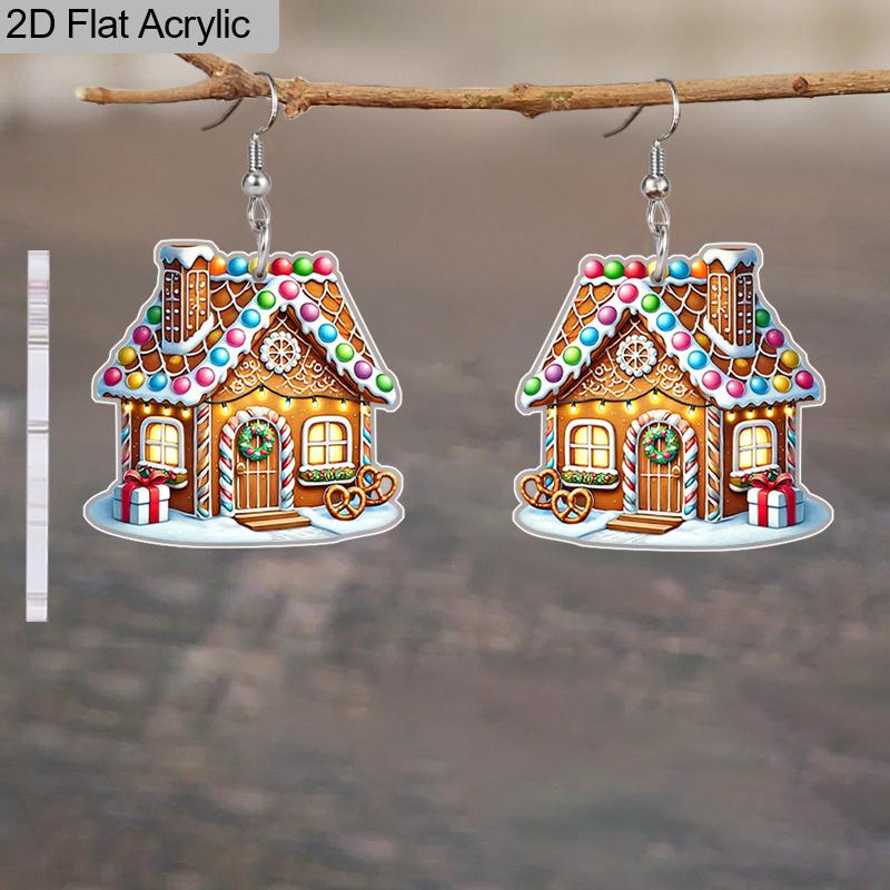 2D Flat 2pairs Christmas Candy House Acrylic Dangle Earrings, Perfect Gift for Women, Christmas Party Jewelry