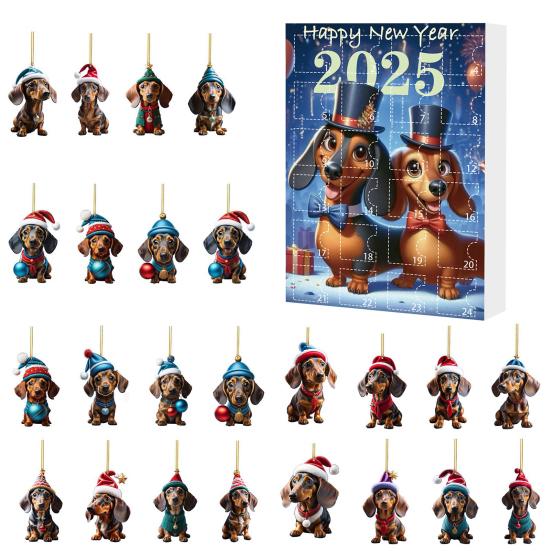 Christmas Dachshund Advent Calendar 2025 Xmas Countdown Calendar 2D Cartoon Dachshund Hanging Decorations Happy New Year Gift for Kids