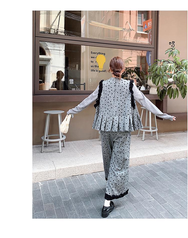 Damesett i koreansk stil med grå polkadotter, tredelt vestdrakt - Elegant høst/vinter moden stil