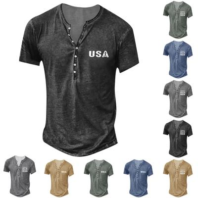 Men'S Printed T-Shirt Outdoor Retro Button Loose Short Sleeve Top