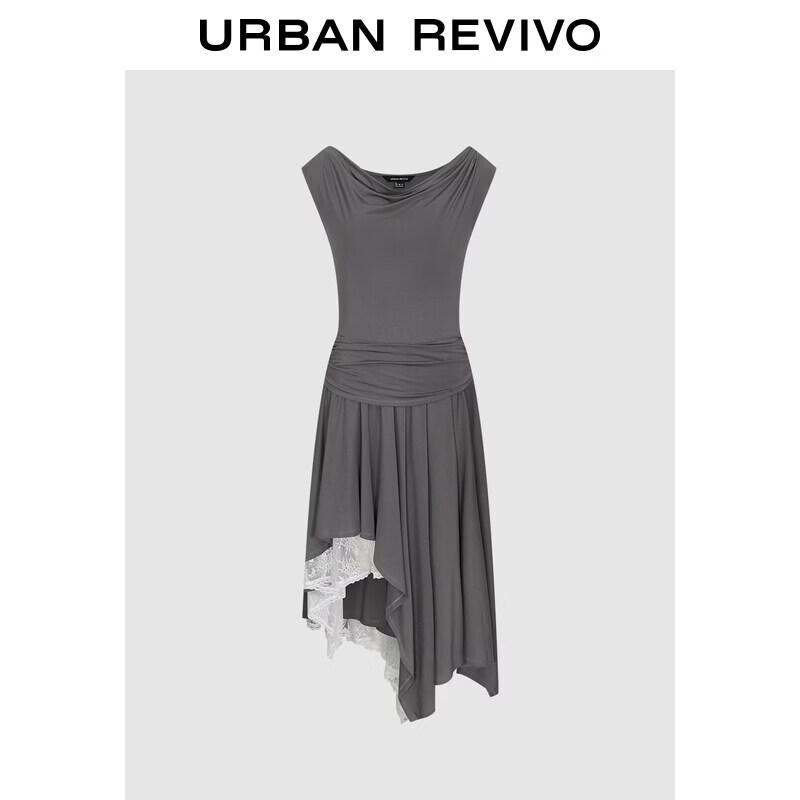 UR2026 Women s Draped Neck Lace Irregular Dress M