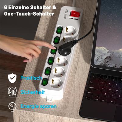 6 Way Power Strip with Individual , 2M Cable  Extension Lead with USB&TYPE C, Wall Mountable Electrical Socket