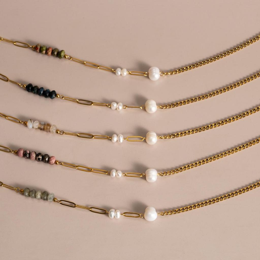 European-American Fashion Natural Stone & Freshwater Pearl Gold-Plated Stainless Steel Necklace