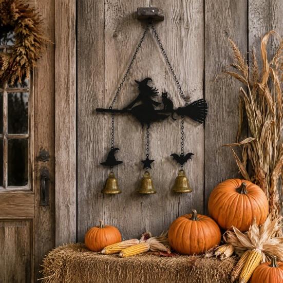Garden Decor Wind Chime Halloween Witch Broom Chime, Holiday Party Decorative Hanging Bell Metal for Indoor Outdoor Patio Porch Bells