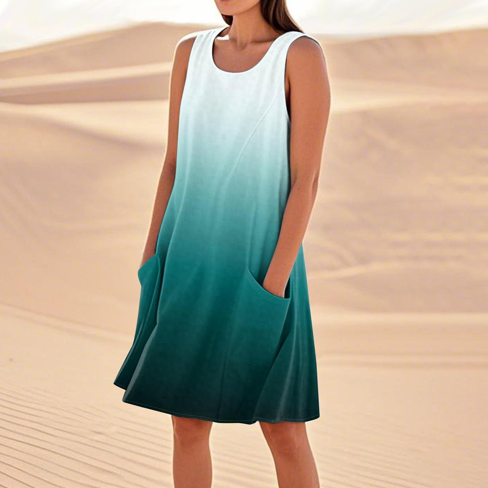 

Літні сукні для жінок Вільні пляжні повсякденні сарафани без рукавів з кишенями Сукня-майка XXXL