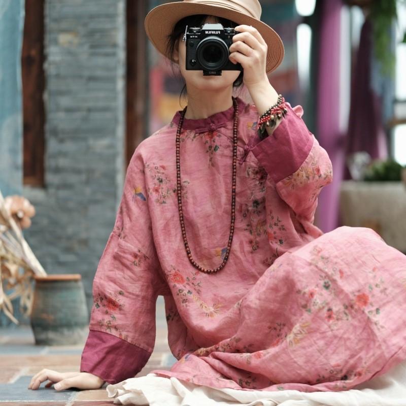 Johnature Spring Summer Women Collar Print Chinese Style Vintage Dress Color Blocking Long Sleeve Dresses