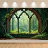 1 Piece of Magical Spring Green Forest Background - Mysterious Arched Window Landscape, Lush Green Plants and wildflowersL