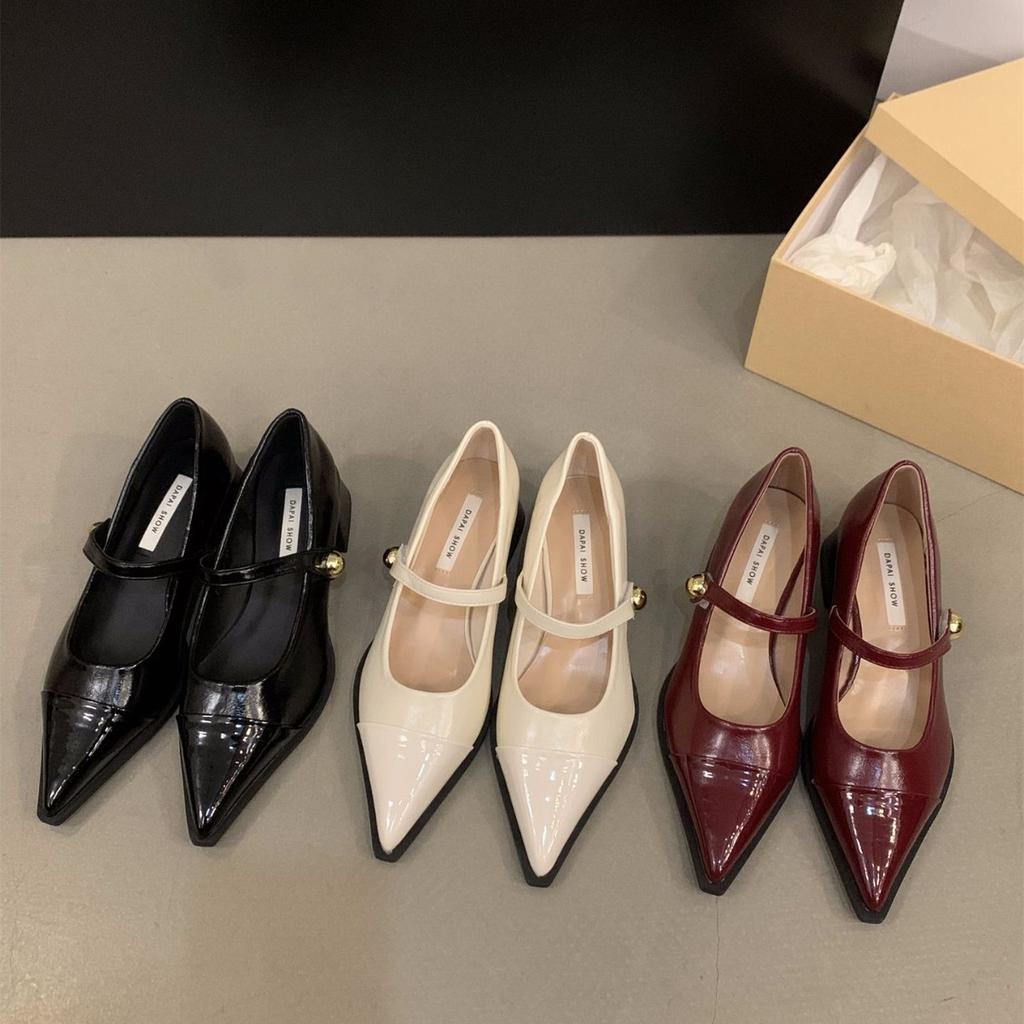 Pointed Small Leather Shoes Women's 2024 New Spring Thick Heels Low Heels High Heels Retro French Temperament Mary Jane Single Shoes