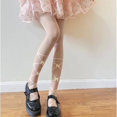 Japanese Style Milk White Stockings Thin Calf Strap Hot Girl Pantyhose with Bowknot One Piece
