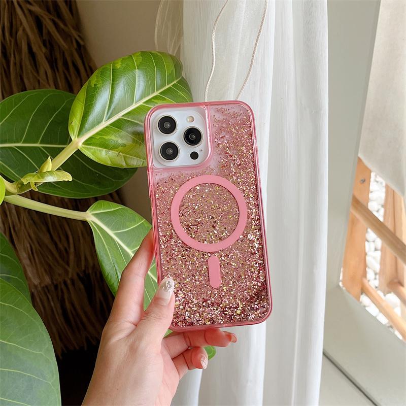 Quicksand Magnetic Magnets Case for iPhone 14 13 Pro Max 16 15 Glitter Powder Flakes Phone Cover Hard Conque Liquid Shell