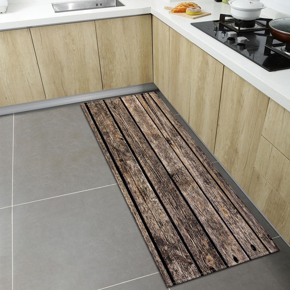 Rustic Wood Grain Kitchen Carpet, Non-Slip Indoor Floor Mat, Decorative Area Rug for Living Room Kids Room Balcony, 1PC