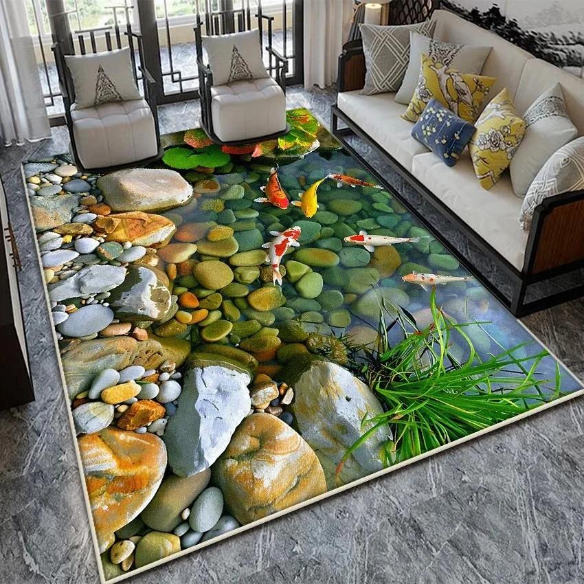 VIKAMA Non‑slip Washable 3D Optical Illusion Koi Fish Rug, Soft Anti‑wear Floor Mat for Living Room Bedroom 200x300cm