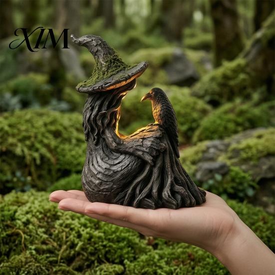 Decorative Pieces for Windowsill Luminous Witch & Raven Figurine with Mossy Tree Texture, Resin Gothic Creative Housewarming Gifts Statue LED