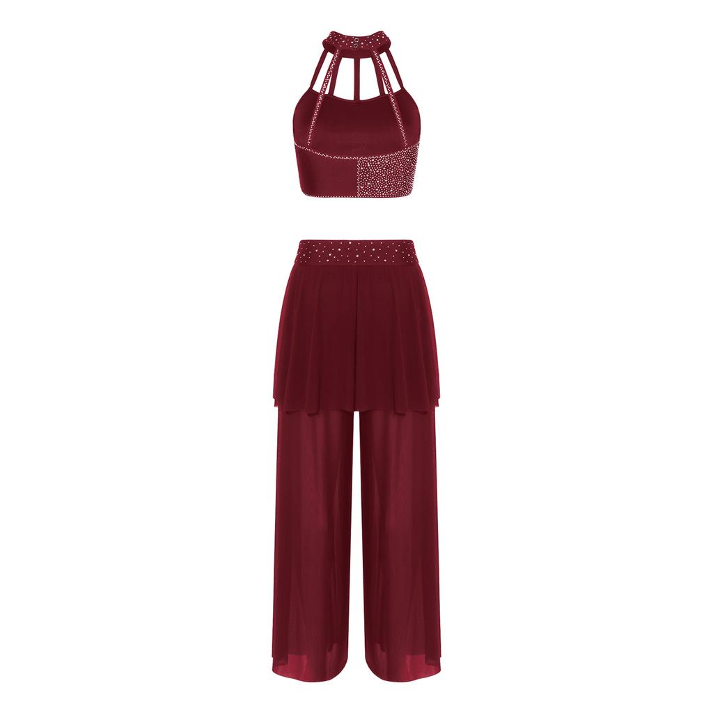 Completo Danza Lirica da Donna Crop Top con Strass e Spalline a Collo Alto Pantaloni a Gamba Larga in Rete Gonna Dancewear