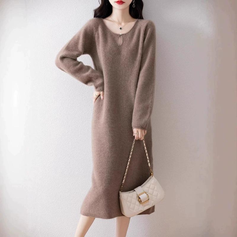 Autumn and winter new simple and versatile knitted dress femininity gentle wind loose and thin medium and long sweater skirt